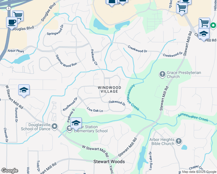 map of restaurants, bars, coffee shops, grocery stores, and more near 6664 Windwood Circle in Douglasville