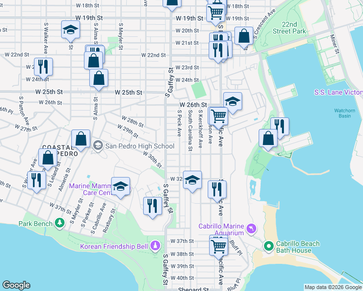 map of restaurants, bars, coffee shops, grocery stores, and more near 2910 South Peck Avenue in Los Angeles