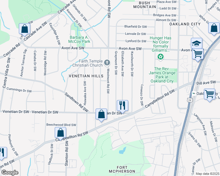 map of restaurants, bars, coffee shops, grocery stores, and more near 1380 Westmont Road Southwest in Atlanta