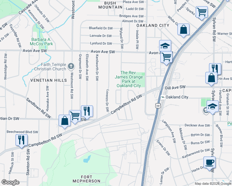 map of restaurants, bars, coffee shops, grocery stores, and more near 1393 Byrere Terrace Southwest in Atlanta