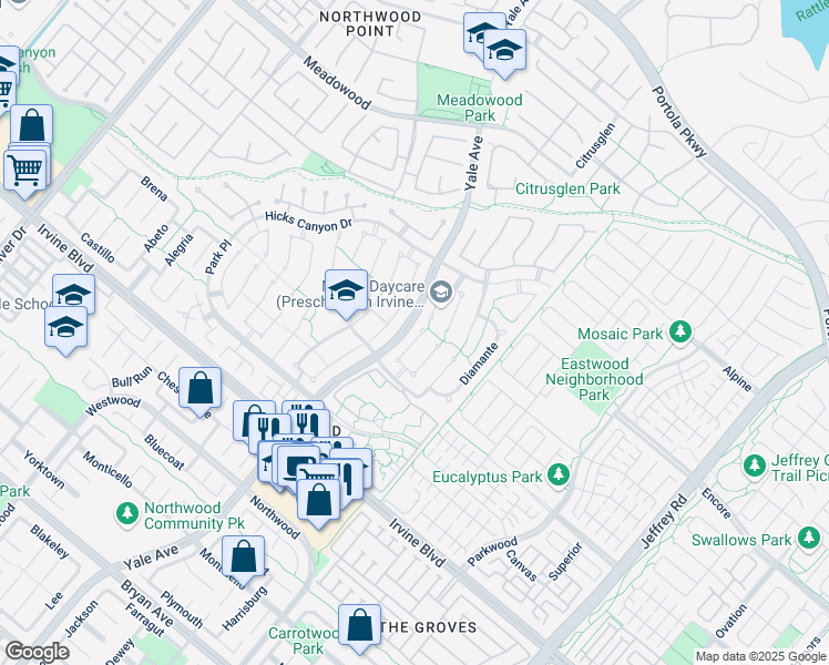 map of restaurants, bars, coffee shops, grocery stores, and more near 20 Lucero West in Irvine