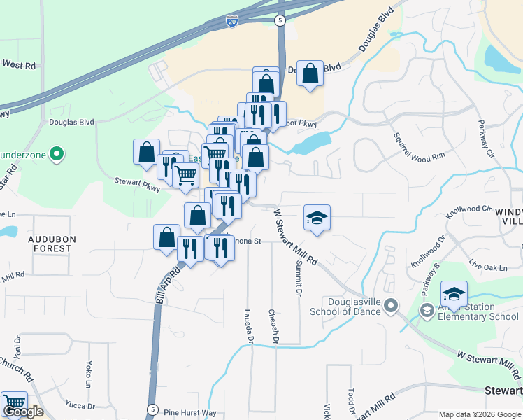 map of restaurants, bars, coffee shops, grocery stores, and more near 5751 West Stewarts Mill Road in Douglasville