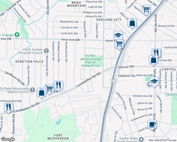 map of restaurants, bars, coffee shops, grocery stores, and more near 1396 Epworth Street Southwest in Atlanta