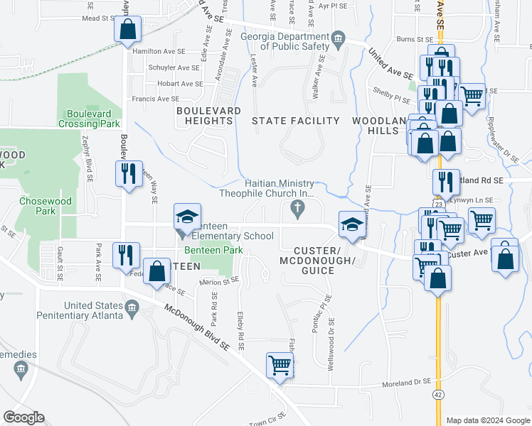 map of restaurants, bars, coffee shops, grocery stores, and more near 884 Custer Avenue Southeast in Atlanta