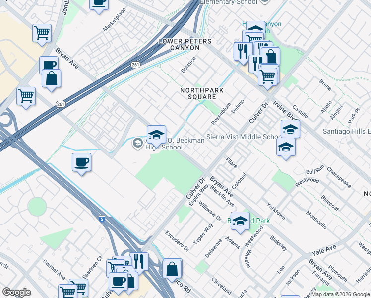 map of restaurants, bars, coffee shops, grocery stores, and more near 14 Idyllwild in Irvine