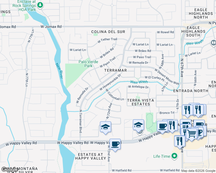 map of restaurants, bars, coffee shops, grocery stores, and more near 7333 West Honeysuckle Drive in Peoria