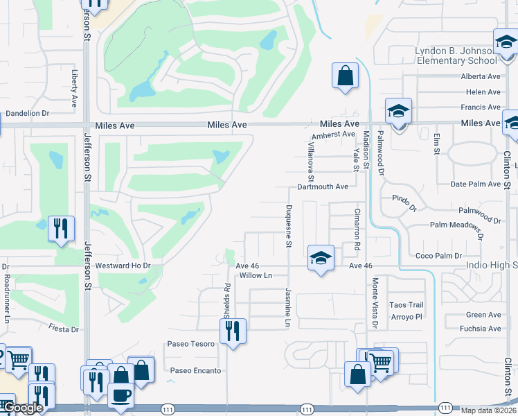 map of restaurants, bars, coffee shops, grocery stores, and more near 80601 Lafayette Court in Indio