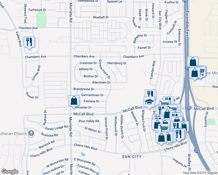 map of restaurants, bars, coffee shops, grocery stores, and more near 26316 Brandywine Drive in Menifee