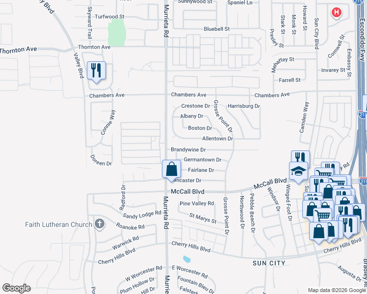map of restaurants, bars, coffee shops, grocery stores, and more near 26082 Brandywine Drive in Menifee