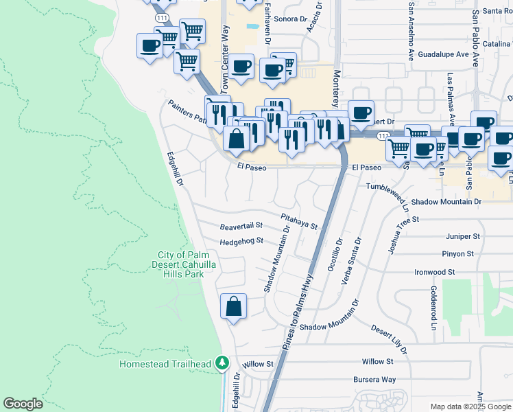 map of restaurants, bars, coffee shops, grocery stores, and more near 72720 Pitahaya Street in Palm Desert