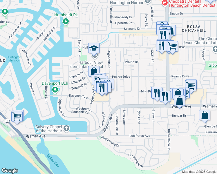 map of restaurants, bars, coffee shops, grocery stores, and more near 16800 Algonquin Street in Huntington Beach
