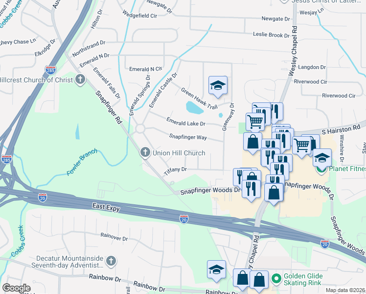 map of restaurants, bars, coffee shops, grocery stores, and more near 2370 Tiffany Circle in Decatur