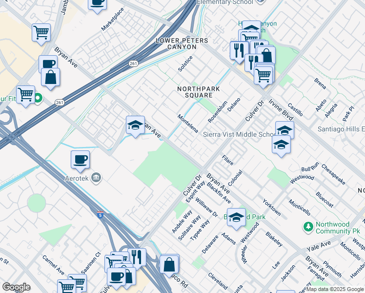 map of restaurants, bars, coffee shops, grocery stores, and more near 14 Idyllwild in Irvine