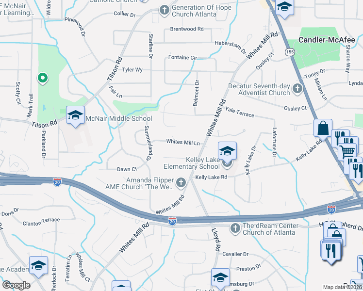 map of restaurants, bars, coffee shops, grocery stores, and more near 2498 Jenay Court in Decatur