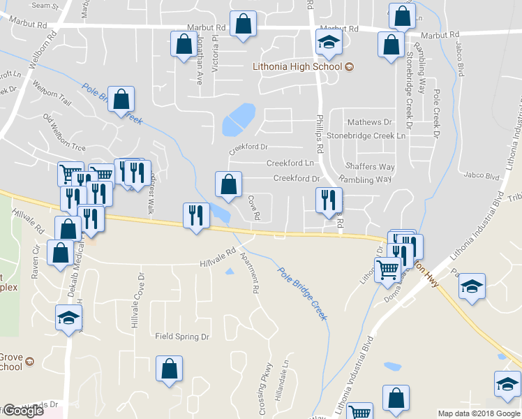 map of restaurants, bars, coffee shops, grocery stores, and more near 2378 Cove Road in Lithonia
