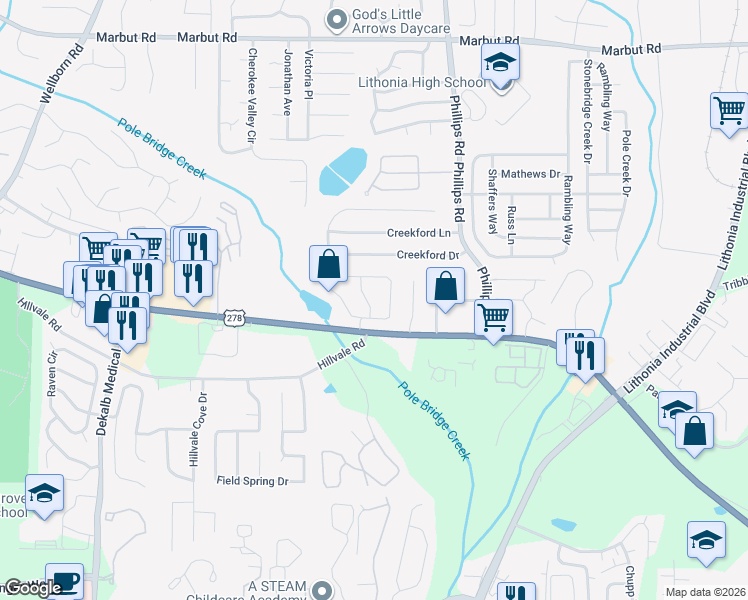 map of restaurants, bars, coffee shops, grocery stores, and more near 2384 Wellington Circle in Lithonia
