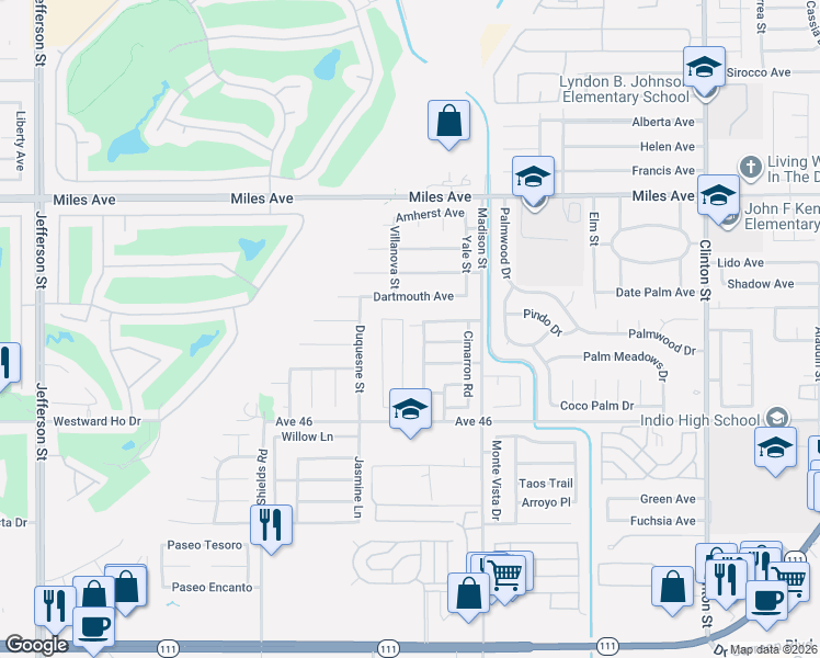 map of restaurants, bars, coffee shops, grocery stores, and more near 45662 Indian River Road in Indio
