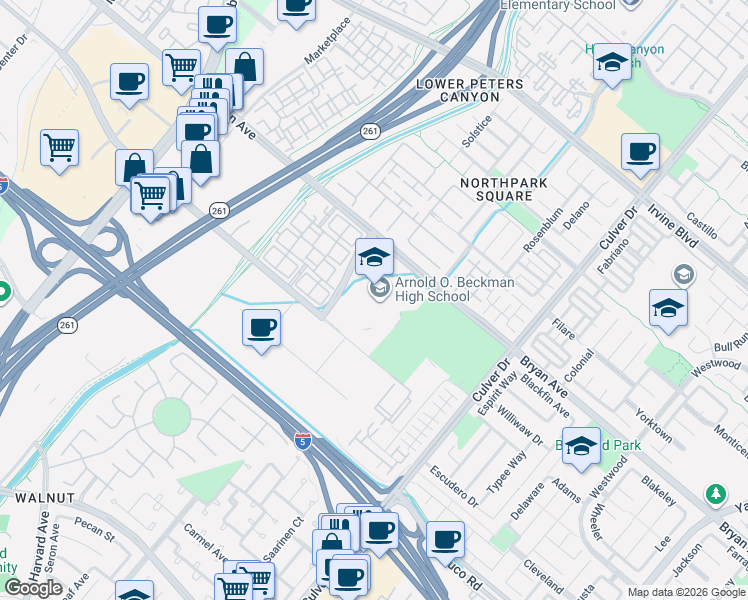 map of restaurants, bars, coffee shops, grocery stores, and more near 3588 Bryan Avenue in Irvine