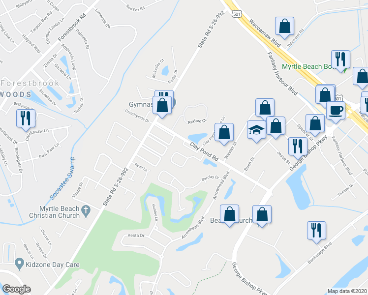 map of restaurants, bars, coffee shops, grocery stores, and more near 3807 Williamson Circle in Myrtle Beach
