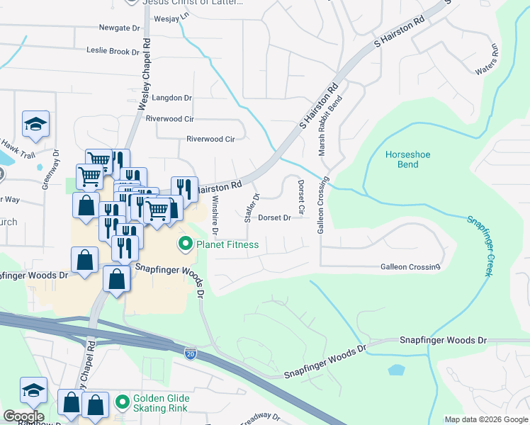 map of restaurants, bars, coffee shops, grocery stores, and more near 4464 Dorset Drive in Decatur