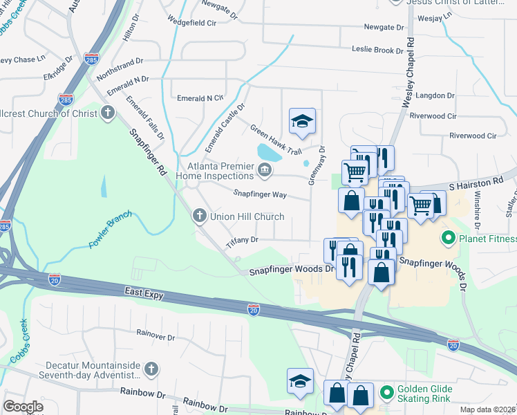 map of restaurants, bars, coffee shops, grocery stores, and more near 2376 Tiffany Circle in Decatur