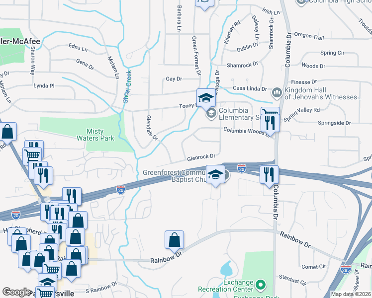 map of restaurants, bars, coffee shops, grocery stores, and more near 2488 Glenrock Drive in Decatur