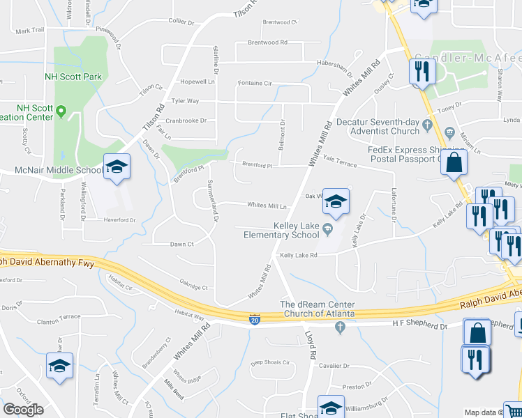 map of restaurants, bars, coffee shops, grocery stores, and more near 2498 Jenay Court in Decatur