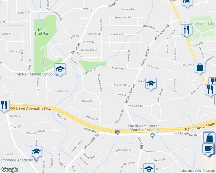 map of restaurants, bars, coffee shops, grocery stores, and more near 2455 Whites Mill Lane in Decatur