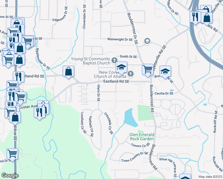 map of restaurants, bars, coffee shops, grocery stores, and more near 1336 Diamond Avenue Southeast in Atlanta