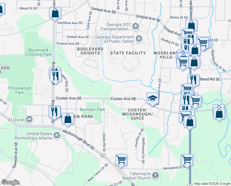 map of restaurants, bars, coffee shops, grocery stores, and more near 881 Custer Avenue Southeast in Atlanta