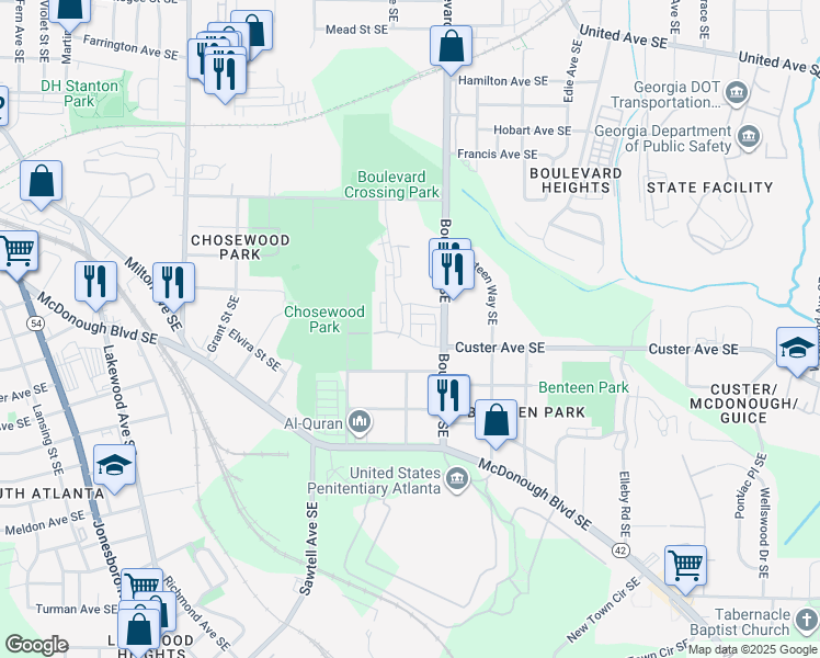map of restaurants, bars, coffee shops, grocery stores, and more near 1359 Park Avenue Southeast in Atlanta