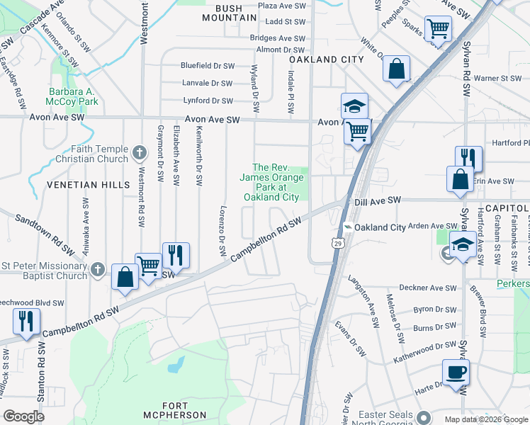 map of restaurants, bars, coffee shops, grocery stores, and more near 1396 Epworth Street Southwest in Atlanta