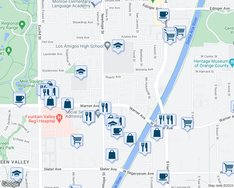 map of restaurants, bars, coffee shops, grocery stores, and more near 16909 Mount Collien Street in Fountain Valley
