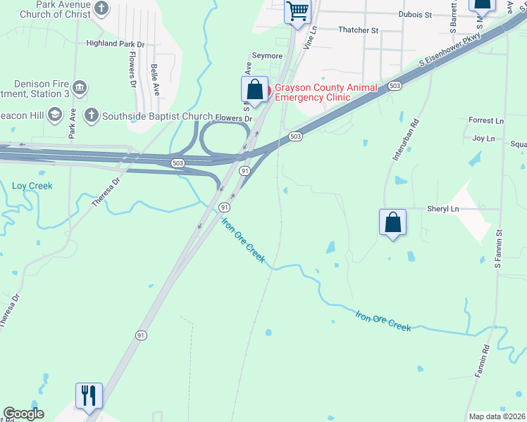map of restaurants, bars, coffee shops, grocery stores, and more near 3800 Texas 91 in Denison