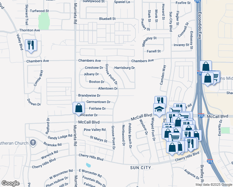map of restaurants, bars, coffee shops, grocery stores, and more near 26316 Brandywine Drive in Menifee