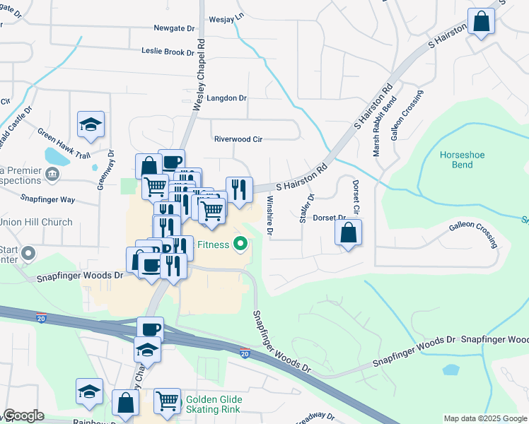 map of restaurants, bars, coffee shops, grocery stores, and more near 2401 Winshire Drive in Decatur