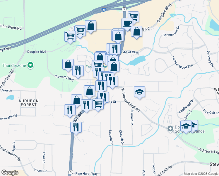 map of restaurants, bars, coffee shops, grocery stores, and more near 3202 Georgia 5 in Douglasville