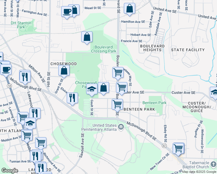 map of restaurants, bars, coffee shops, grocery stores, and more near 1413 Cozy Ct. SE in Atlanta