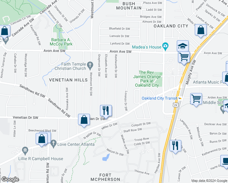 map of restaurants, bars, coffee shops, grocery stores, and more near 1367 Kenilworth Drive Southwest in Atlanta
