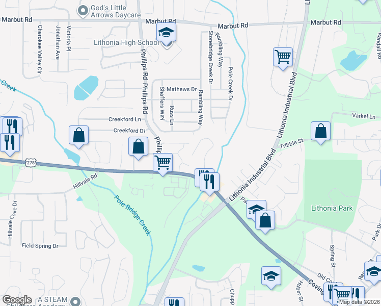 map of restaurants, bars, coffee shops, grocery stores, and more near 6436 Wellington Chase Court in Lithonia