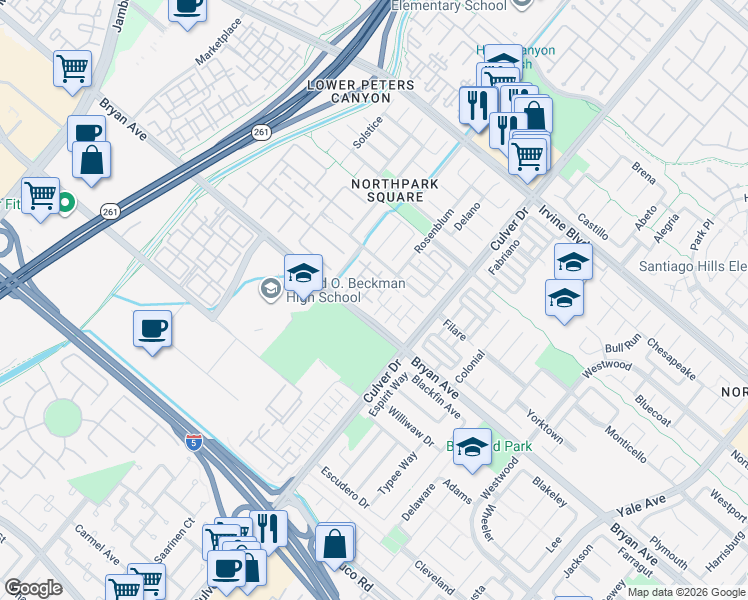 map of restaurants, bars, coffee shops, grocery stores, and more near 26 Cabazon in Irvine