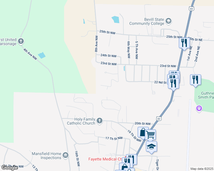 map of restaurants, bars, coffee shops, grocery stores, and more near 2208 6th Avenue Northwest in Fayette