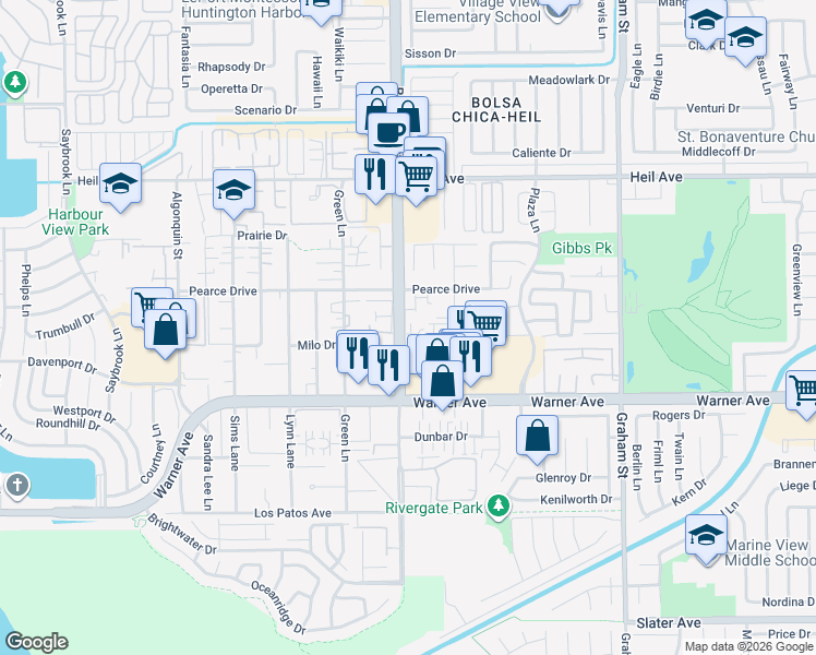 map of restaurants, bars, coffee shops, grocery stores, and more near 5021 Waverider Circle in Huntington Beach