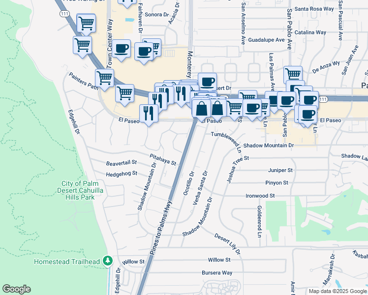 map of restaurants, bars, coffee shops, grocery stores, and more near 322 Sandpiper Street in Palm Desert