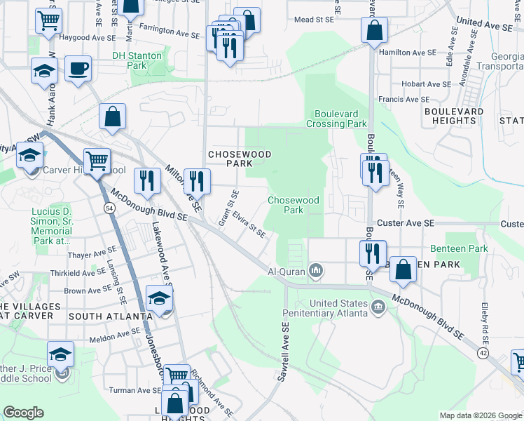 map of restaurants, bars, coffee shops, grocery stores, and more near 1342 Miller Reed Avenue Southeast in Atlanta