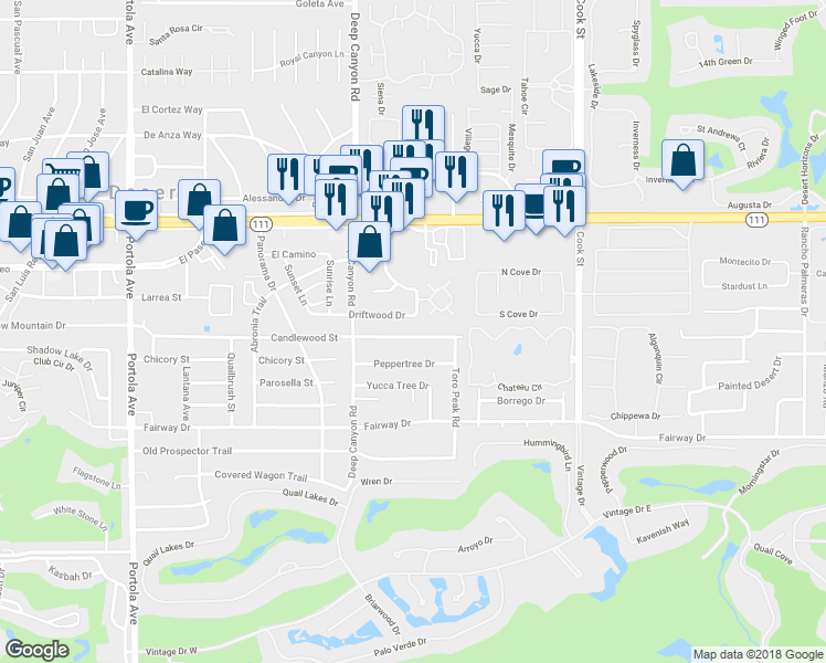 map of restaurants, bars, coffee shops, grocery stores, and more near 74634 Candlewood Street in Palm Desert