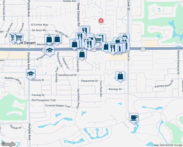 map of restaurants, bars, coffee shops, grocery stores, and more near 74634 Candlewood Street in Palm Desert