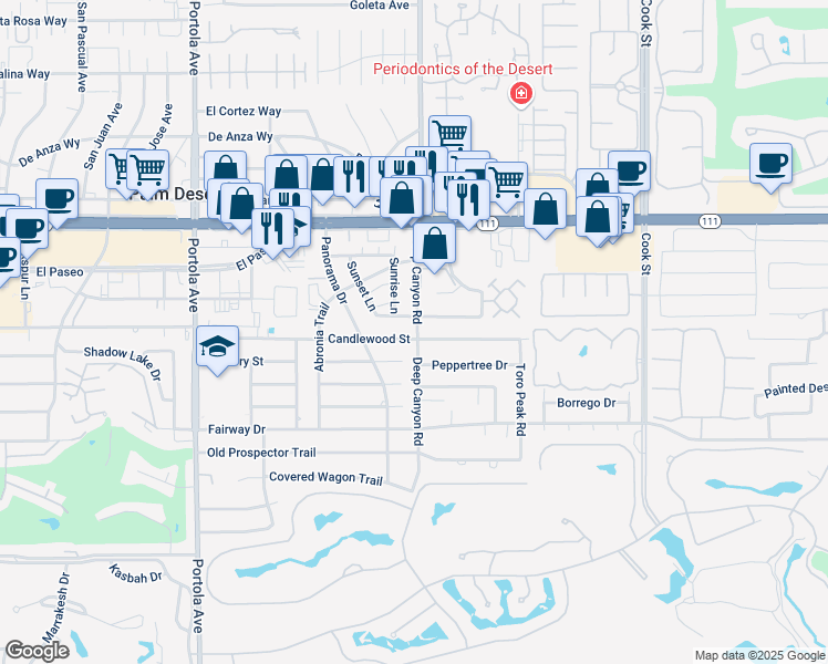 map of restaurants, bars, coffee shops, grocery stores, and more near 45506 Deep Canyon Road in Palm Desert