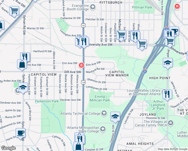 map of restaurants, bars, coffee shops, grocery stores, and more near 575 Manford Road Southwest in Atlanta