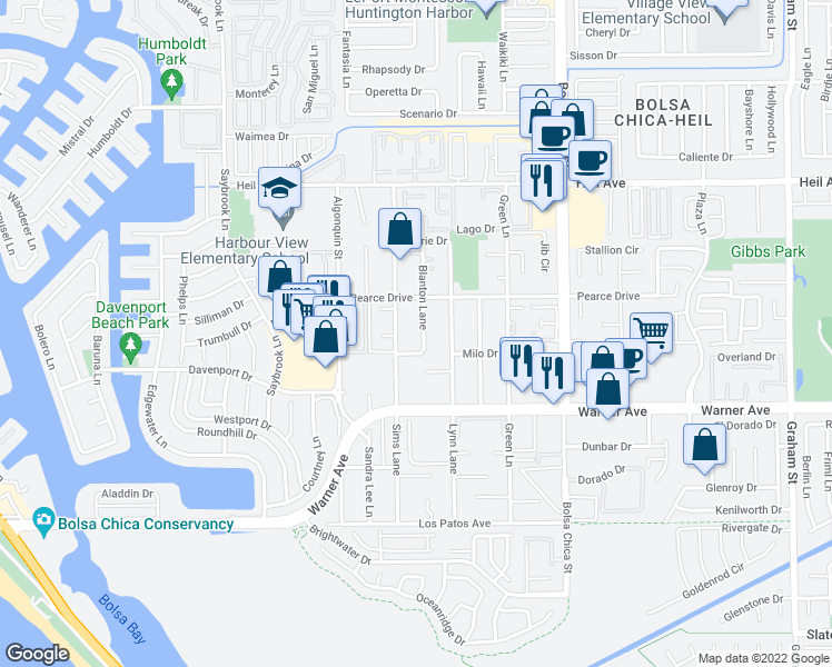 map of restaurants, bars, coffee shops, grocery stores, and more near 16811 Blanton Lane in Huntington Beach